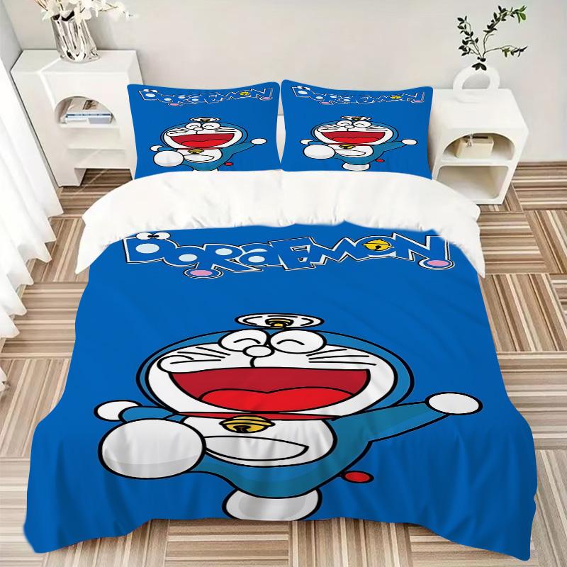 Set Lenzuola 3 Pezzi Stampa Doraemon Adventure Copripiumino con 2 Federe Cuscino Regalo di Compleanno per la Casa