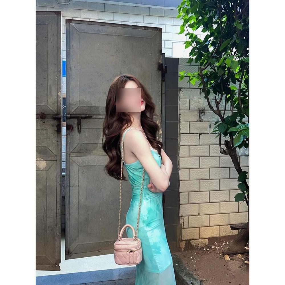 Light green butterfly print mesh suspender dress women's summer seaside vacation pure desire fishtail hip wrap long skirt