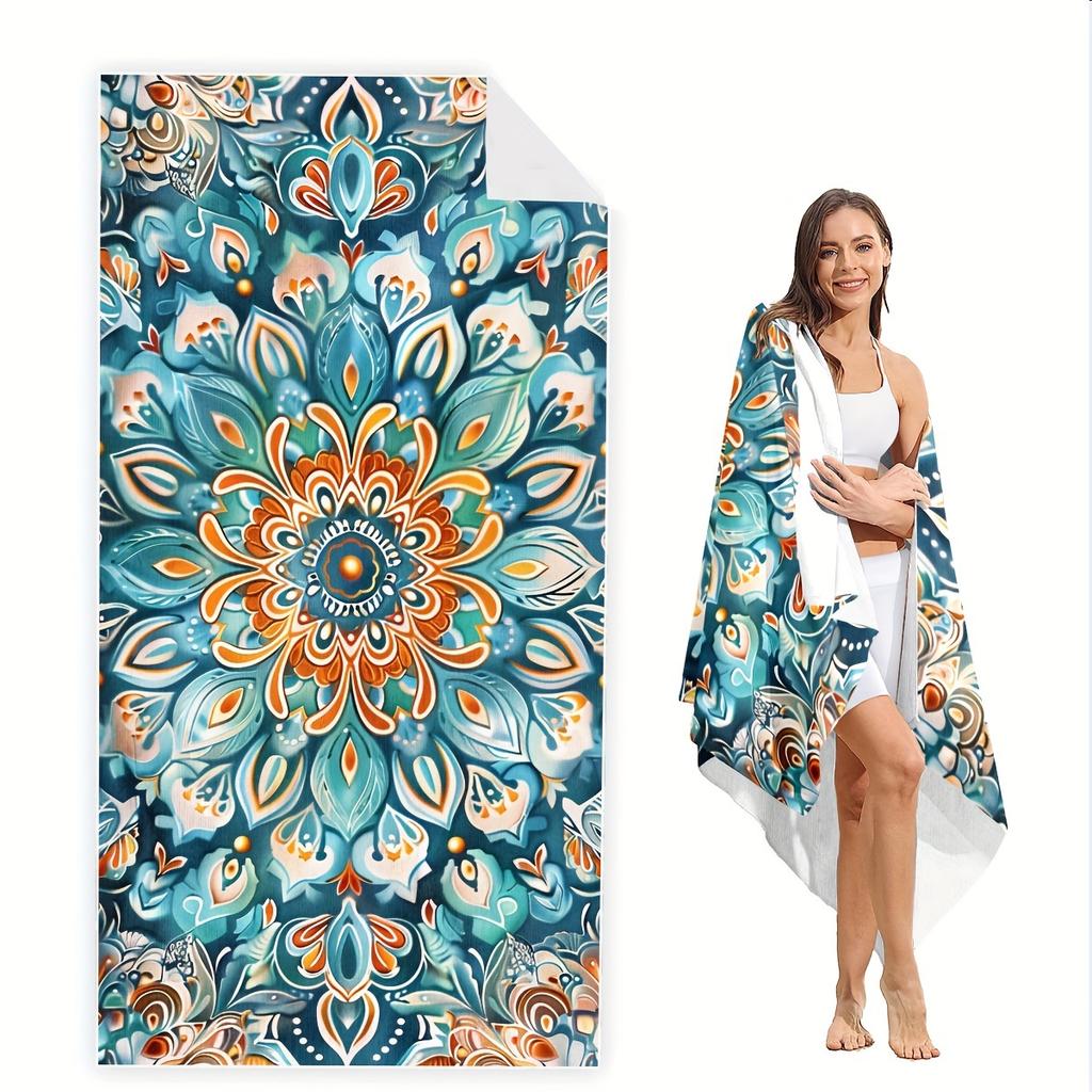 Colorful Mandala Beach Towel On Beach, Vibrant Geometric Art Quick-Dry Sand-Free Microfiber Bath Towel for Yoga, Swim and Travel