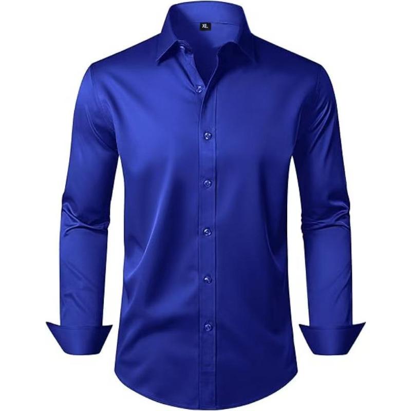 Men's Long Sleeve Solid Color Shirt, 4-Way Stretch, Natural Color Button, Slim Fit, Wrinkle Free, Business Casual Dress Shirt