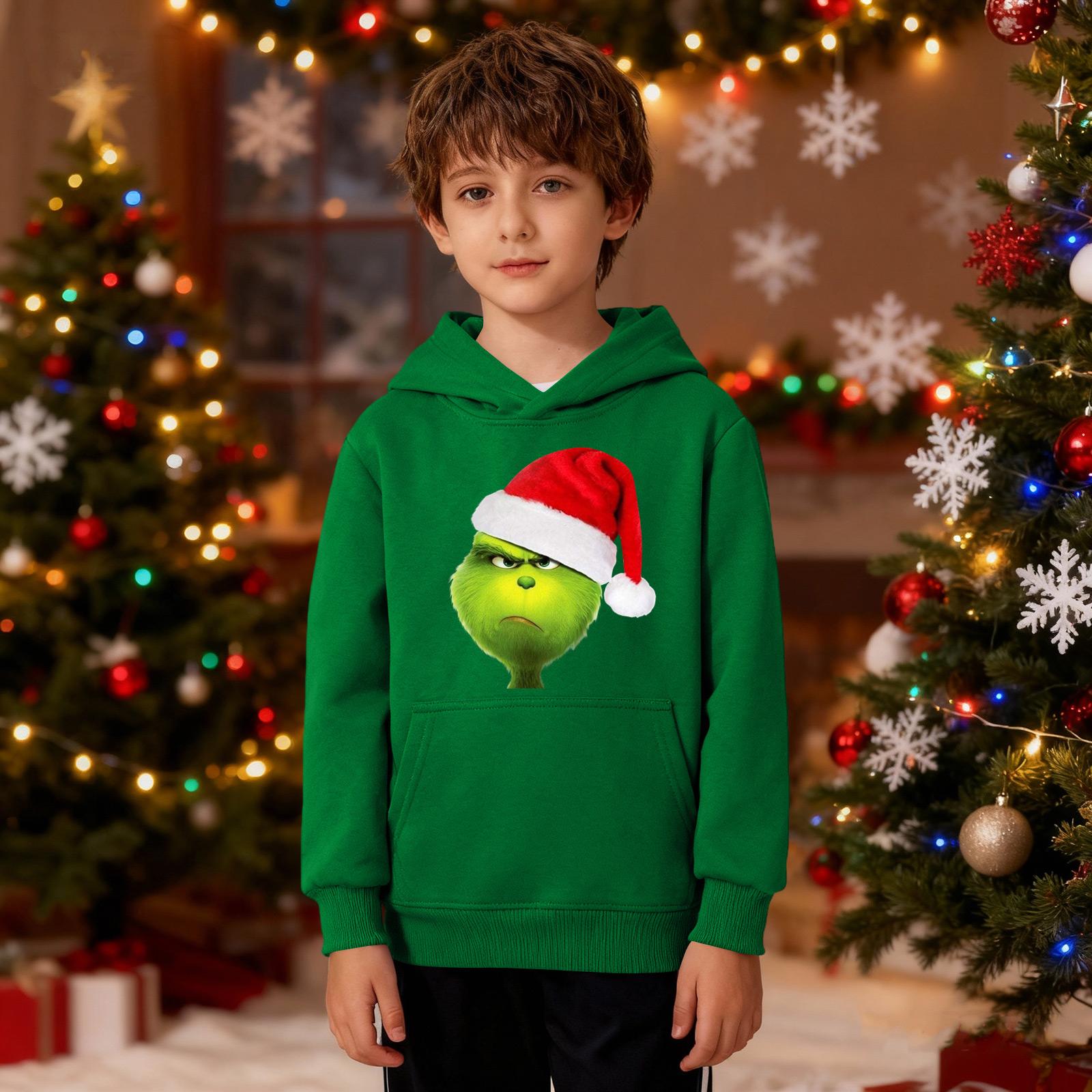 

Kids Hooded Pullover Sweatshirt Long Sleeve Casual Top with Holiday Print for Boys and Girls Suitable for Autumn Winter 100 зелёный