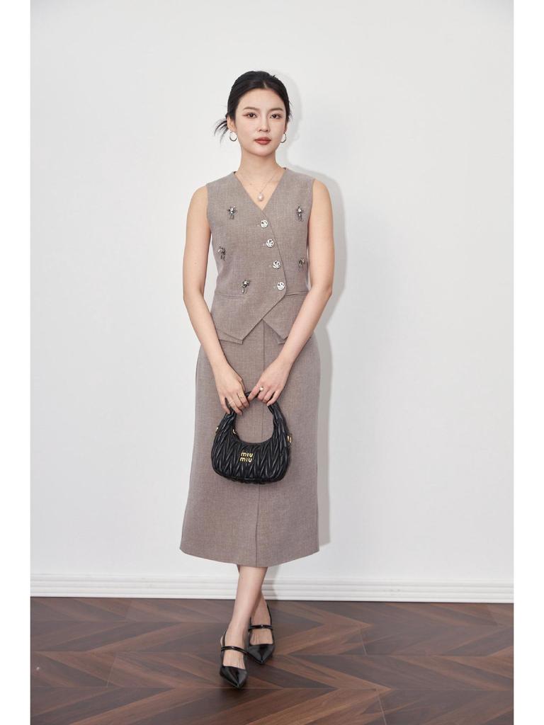 Old Money V-neck Button Vest & Fashionable Midi Skirt Two-piece Set