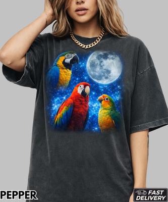 Three Parrot Moon 90s Graphic Style T-Shirt,Vintage Parrot Moon Shirt,Parrot Lovers Tee,Oversized Washed Shirt,Full Moon Wilderness Tee