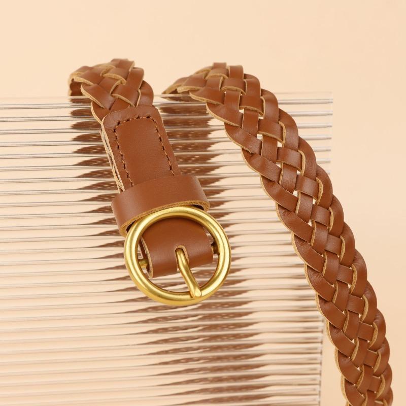 Mei Mary Handmade Braided Leather Belt - Top Grain Cowhide Vintage Double-sided Prong Buckle - Gold-plated Fashion Round Buckle Women's Belt