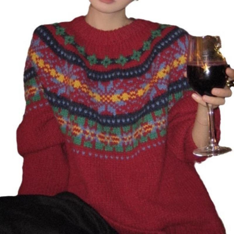 Fair Island New Red Vintage Christmas Sweater Women's Winter Loose Thick Lazy Wind Crew Neck Knitted Top New