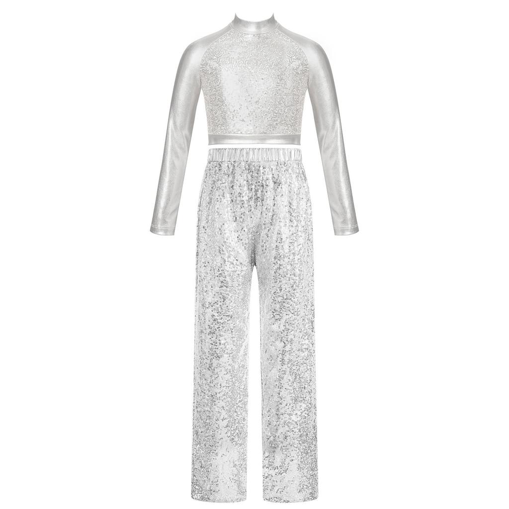 Girls Shiny Sequins Dance Crop Top Mock Neck Long Sleeve High Waist Wide Leg Pants Set