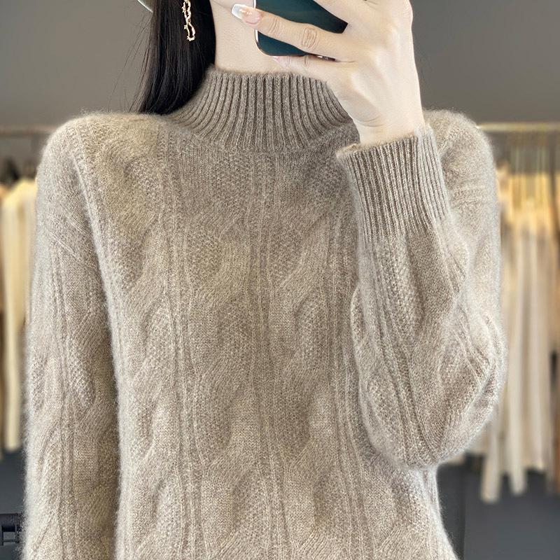 Women’s 100% Pure Wool Cable Knit Sweater - Half-High Neck, Loose Fit, Winter Pullover