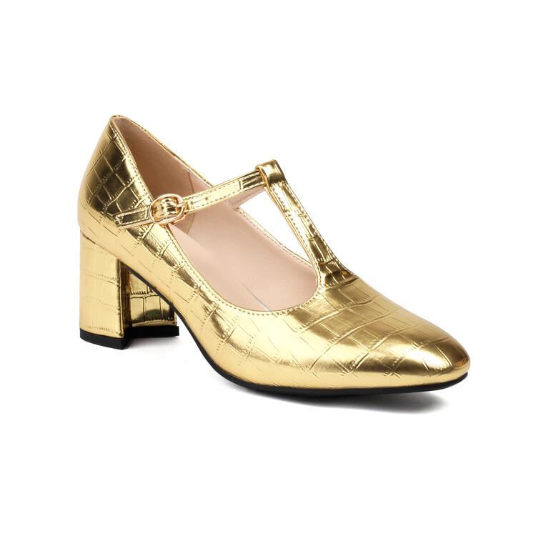 

Большие размеры 47–48, женские туфли Мэри Джейн с Т-образным ремешком, лакированная кожа крокодила, золотисто-серебряная пряжка, туфли-лодочки на высоком каблуке 38