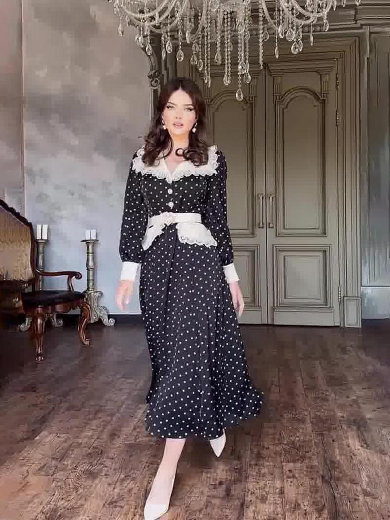 Sommer 2024 Slim Fit Polka Dot Kleid mit Spitzenbesatz & Peter Pan Kragen