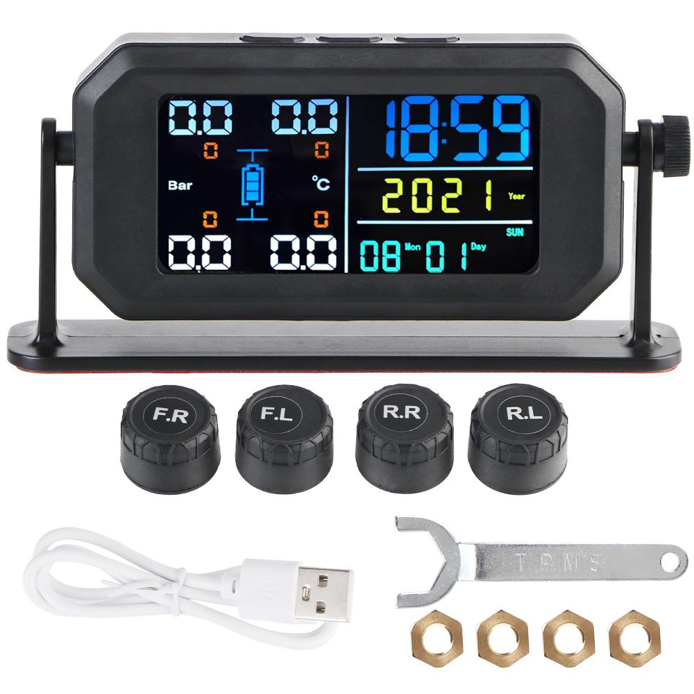 

Система контроля давления в шинах автомобиля USB / Солнечная TPMS Монитор температуры шин Цифровые часы Отображение даты недели года Универсальный с вращающимся держателем чёрный