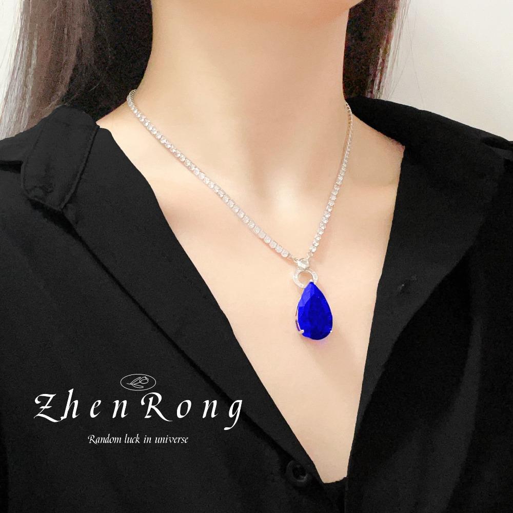 Luxury Women Jewelry Set Blue Sapphire Pendant Necklace Vintage French Style Drop Earrings Ring Gemstone Gift Set