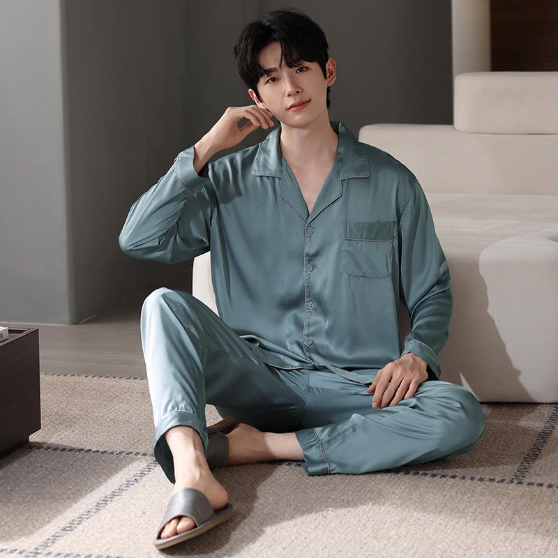 Pajamas Men'S Spring And Autumn Ice Silk Long Sleeve Thin Summer Simulation Silk Four Seasons Loungewear Suit