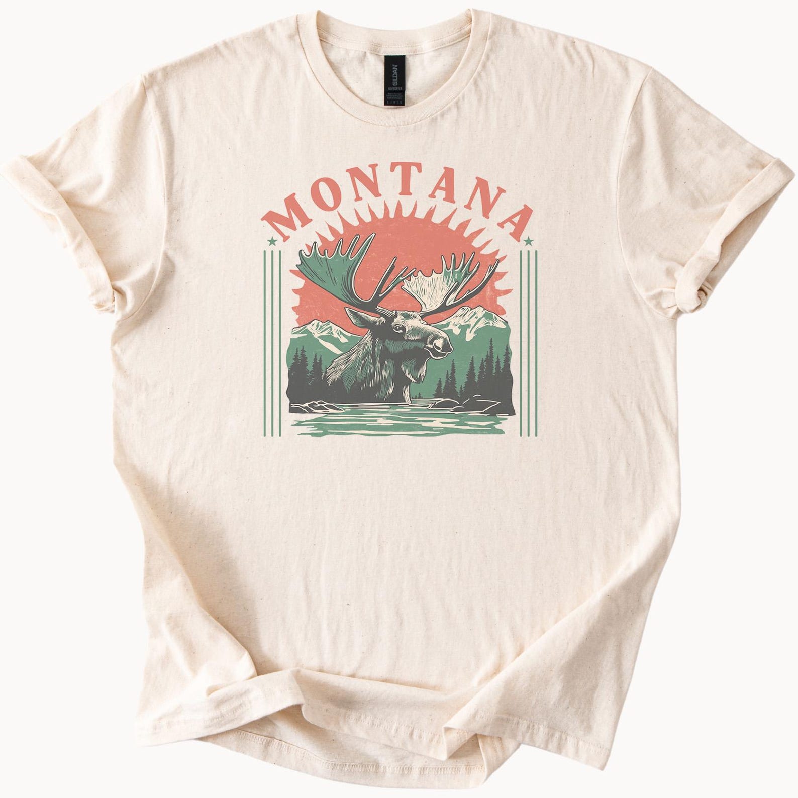 Montana Moose Mountain Sunset Graphic T Shirt Nature Wildlife Scenic Forest Tee for Outdoors 160