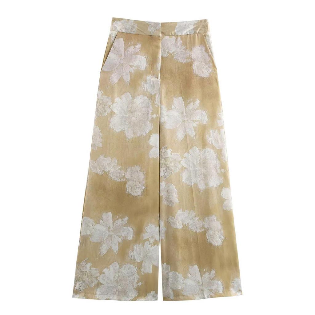 Autumn 2024 Floral Print Satin Shirt and Pants Set for Women - European American Style