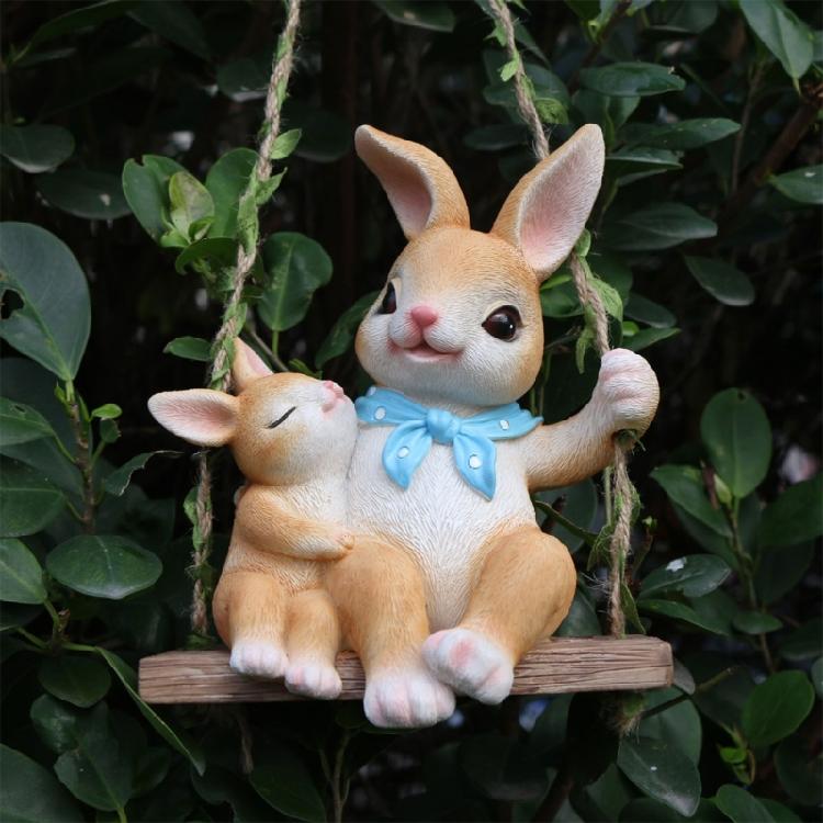 Lovely Mother And Baby Rabbit Easter Swing Ornament Durable Resin Rabbit Swing Home Decors For Year Round Display