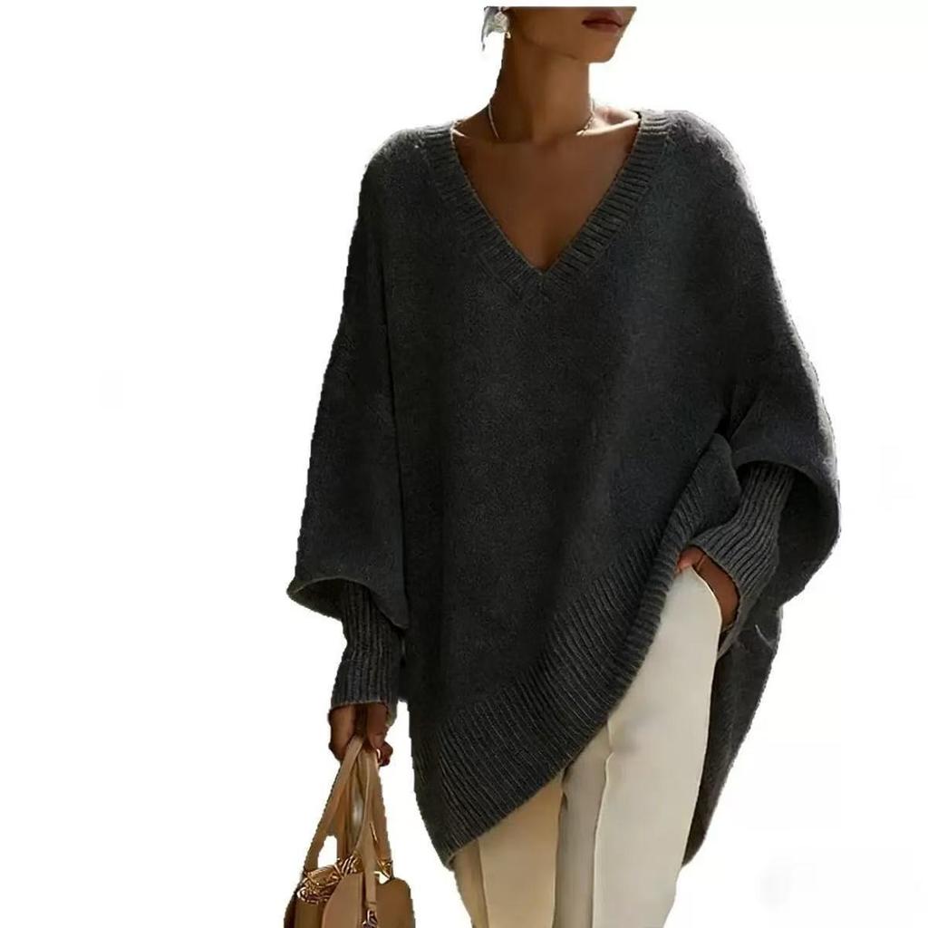 Women's V Neck Long Sleeve Knit Top Loose Fit Casual Mid Length Sweater Solid Cashmere Blend Jumper