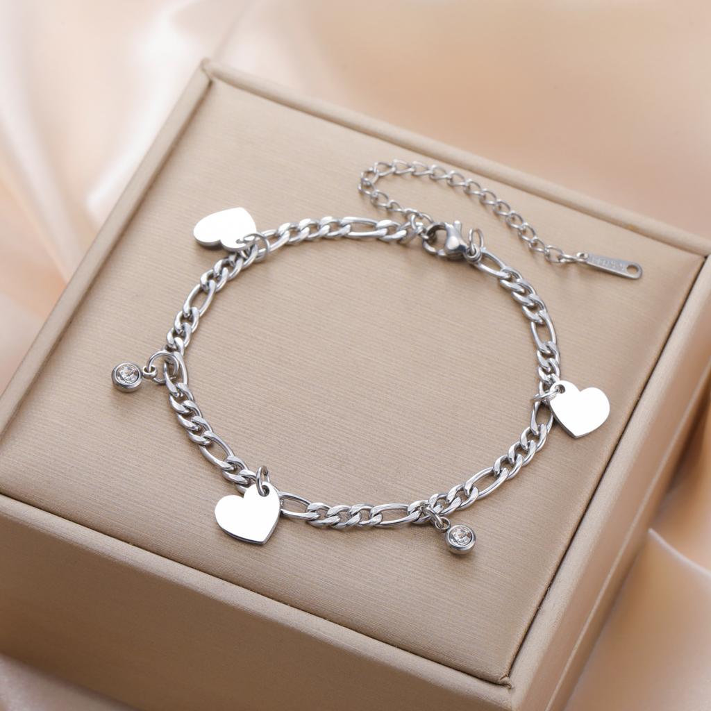 Heart Clear Zircon Charm Bracelet Stainless Steel Gold Women Figaro Chain Bracelets Jewelry Gift