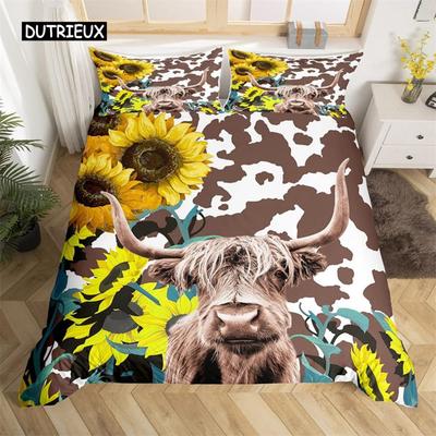 Juego de Cama Vaca Highland Poliéster Toro Ganado Flores Funda Nórdica Animal Salvaje Occidental Cubierta de Edredón Vaca Granja Cubre Cama