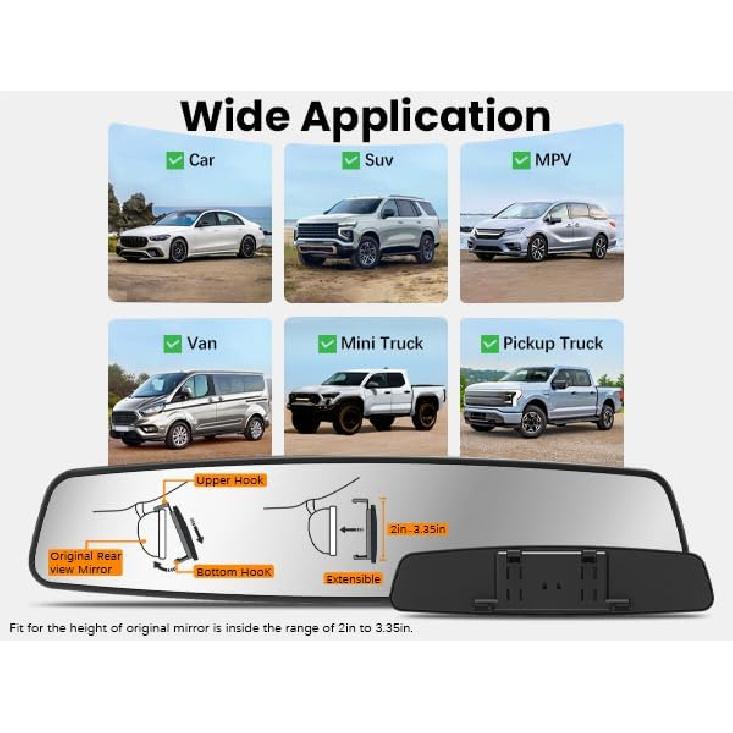 Rear View Mirror, 12 Inch Chrome Anti-Glare Panoramic Rear Mirrors Universal Convex Car Interior Clip On Extra Big Wide Angle Rearview Mirror