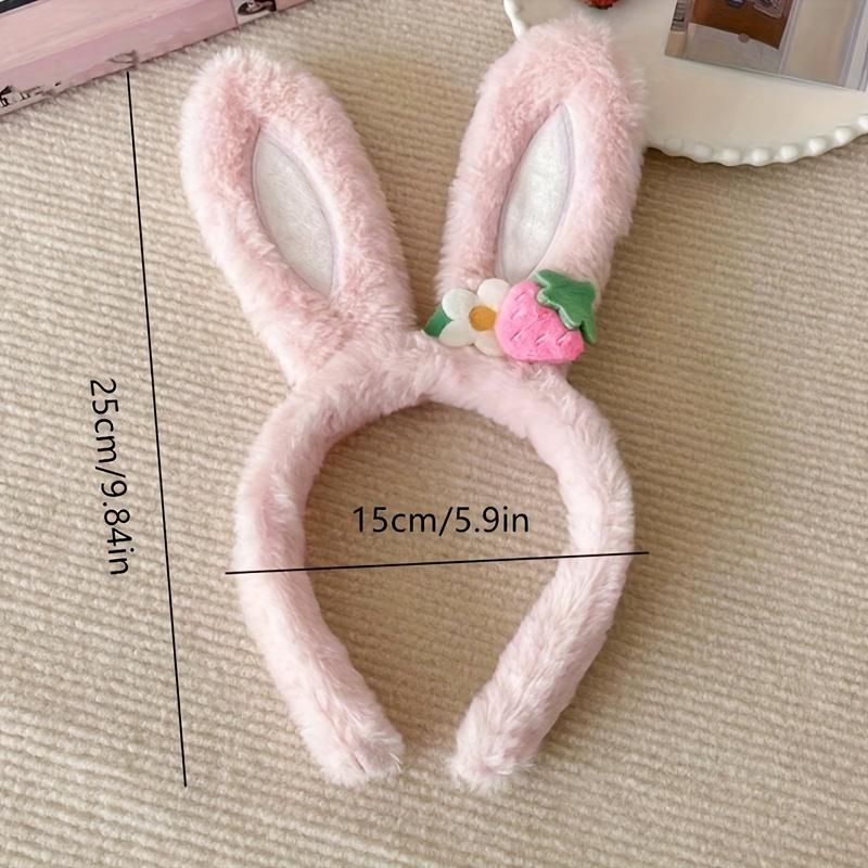 Cute Strawberry Flower Rabbit Ear Headband for Women, Plush Hairband.