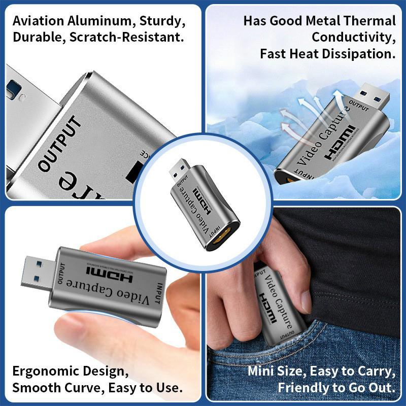 

C30 USB Male to HDMI Female HD Video Capture Card Aluminum Alloy Adapter for Game Live Streaming As Shown A