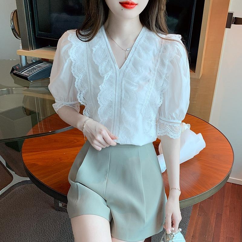 

Элегантная кружевная лоскутная белая рубашка с V-образным вырезом для женщин, летняя новая винтажная свободная блузка с коротким рукавом, женская мода, простые повседневные рубашки, женские топы 24457 2XL белый