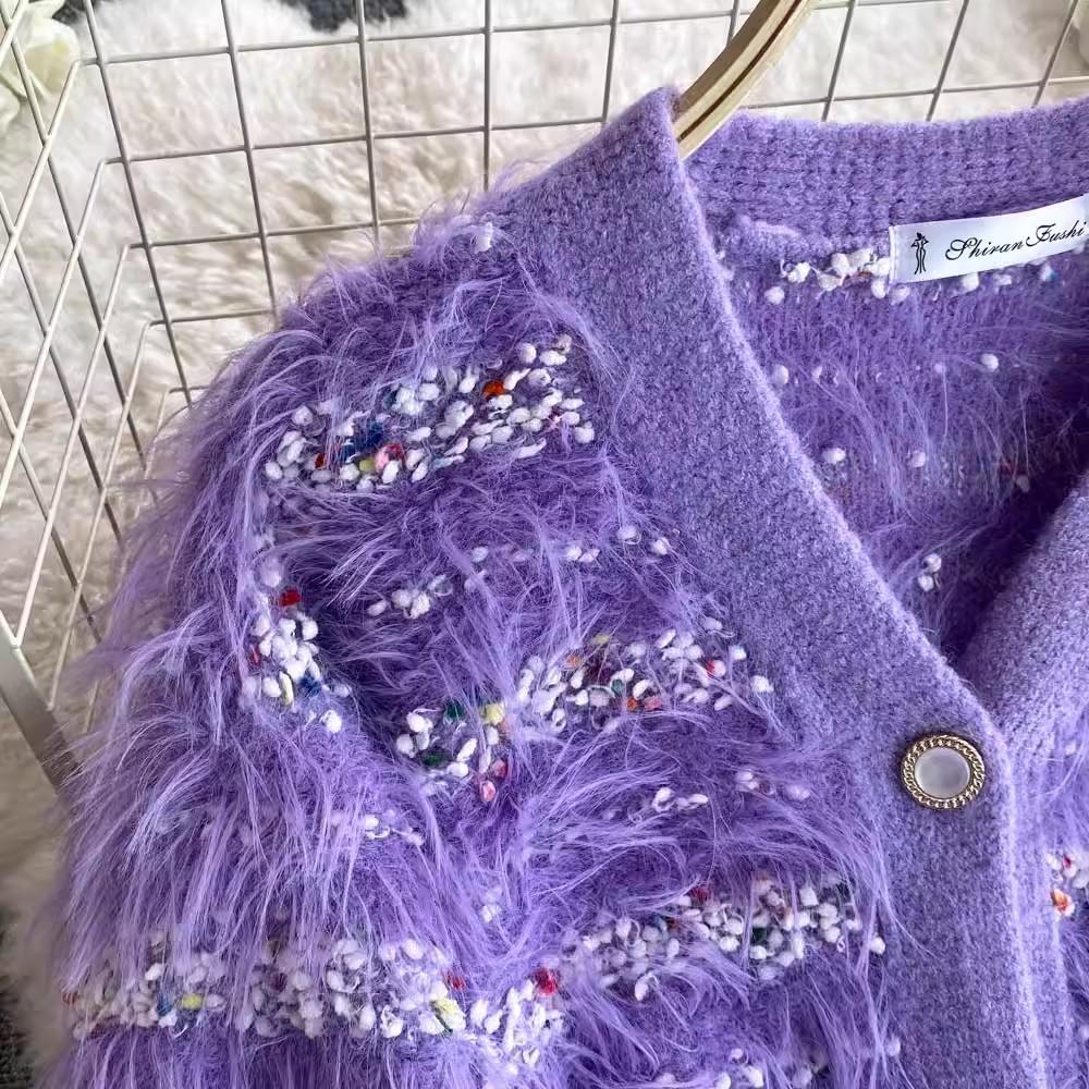 Autumn Winter Women Two Piece Set Small Fragrant V Neck Furry Knit Cardigan Sweater Coat And Sequined Cascading Mesh Long Skirt Suit