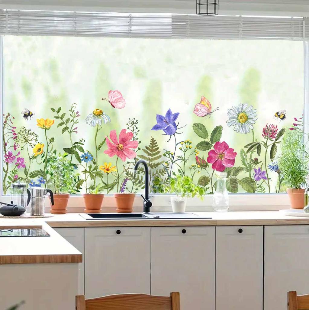 Colorful Cartoon Flower Butterfly Fully Transparent Double Sided Visible Window Sticker Home Decoration Decal