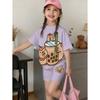Conjunto de Camiseta Gráfica Divertida de Capibara para Niños de Verano Cuello Redondo Mangas Cortas Pantalones Cortos con Cintura Elástica Conjunto de 2 Piezas Ropa Casual para Niñas