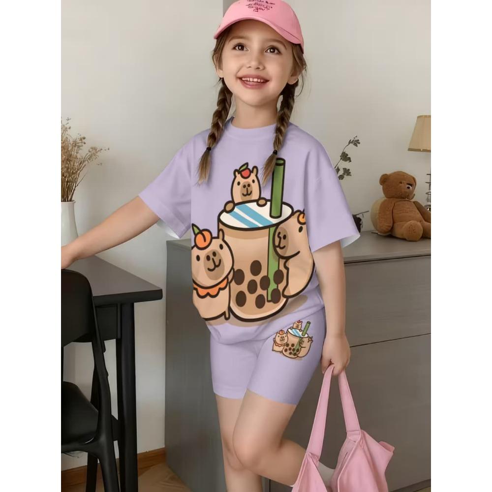 Conjunto de Camiseta Gráfica Divertida de Capibara para Niños de Verano Cuello Redondo Mangas Cortas Pantalones Cortos con Cintura Elástica Conjunto de 2 Piezas Ropa Casual para Niñas