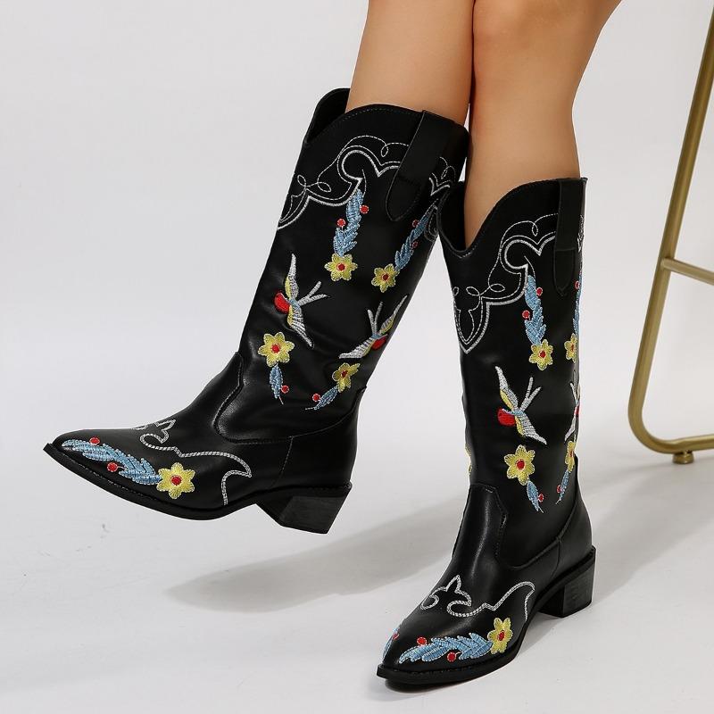 Women's Tall Riding Boots Autumn and Winter New Mid-Heel Martin Boots Women's Pointed Embroidered Boots