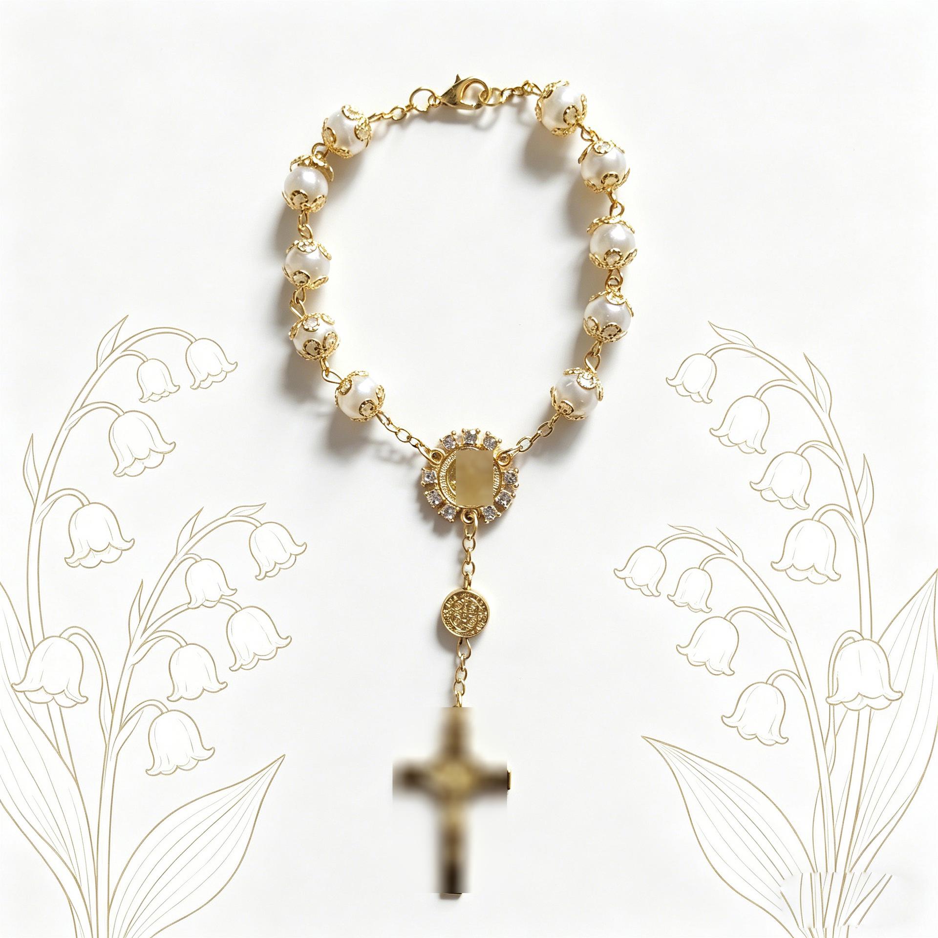 Gold & Silver Lace Faux Pearl Prayer Beads Bracelet with 8mm Cross Charm золотой