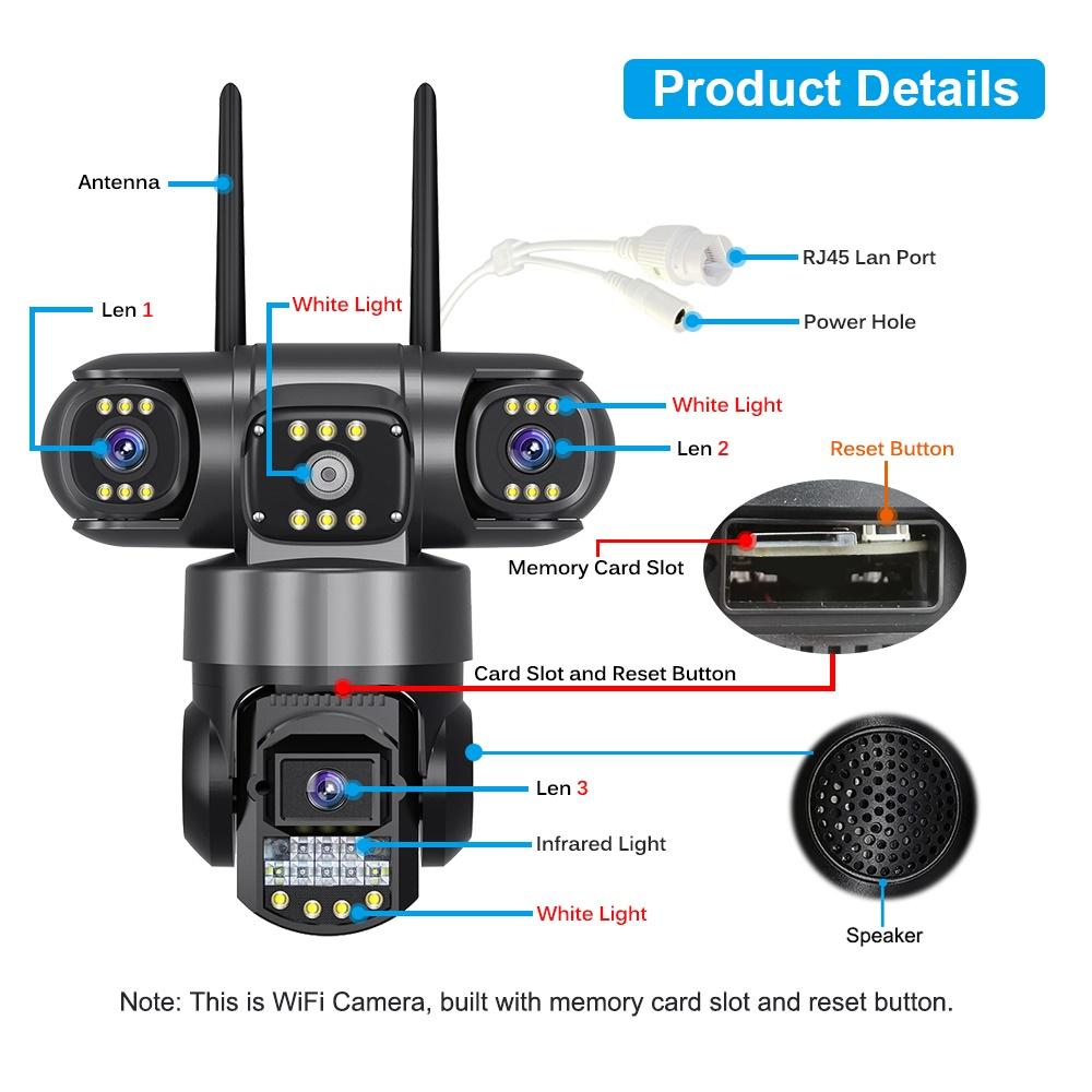 Wireless WiFi/4G Network Camera, HD Night Vision Waterproof CCTV Surveillance, Triple Lens and Triple Screen Security Video Recorder