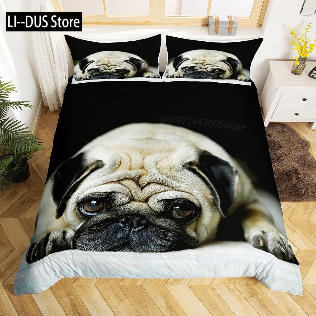 Pug Duvet Cover Set Puppy Lying Around Pet Decorative 3 Piece Bedding Set with 2 Pillow Shams Queen Size Pale Brown Black