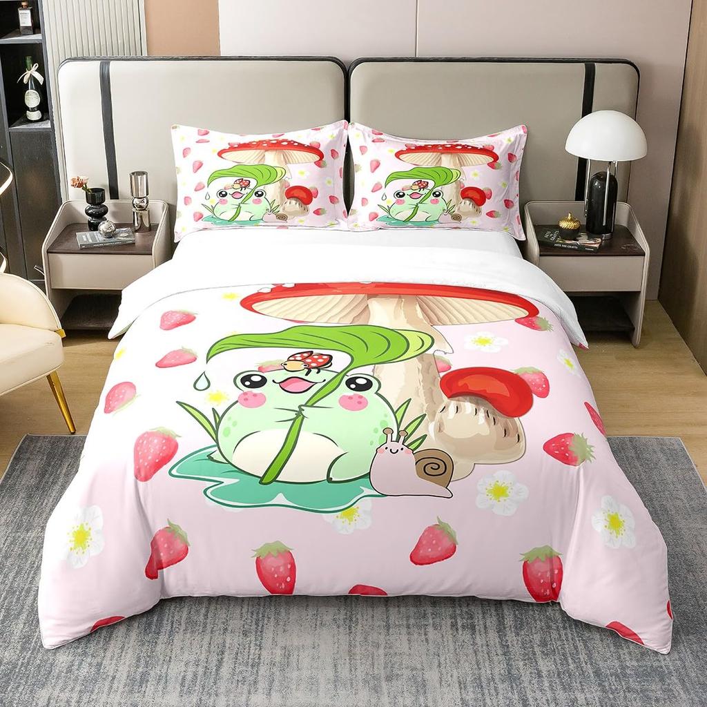 Frog And Lotus Leaf Duvet Cover Sets For Kids Boys Girls Lightweight Quilt Covers Green Animals Themed Bedding Set Bedroom Decor