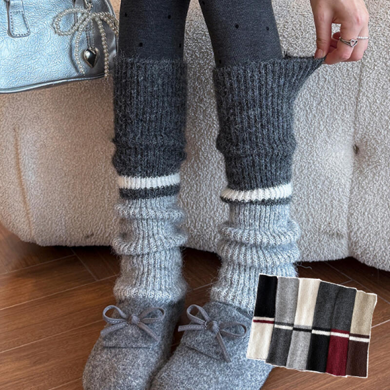 

Baron Wool Color Block Stack Knit Leg Warmer Long Socks ivory