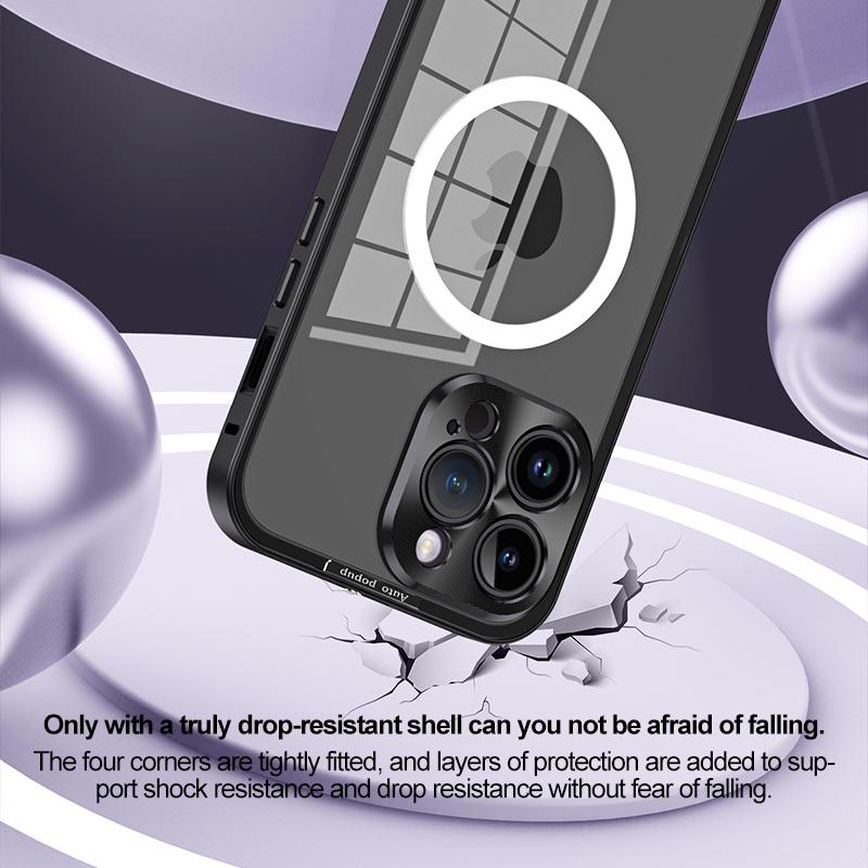 Aluminiumrahmen für kabelloses Laden, Aluminiumrahmen, magnetische Hülle für iPhone 15, 14, 13, 12 Pro Max, Objektivglas, schützende HD-transparente Rückwandplatine