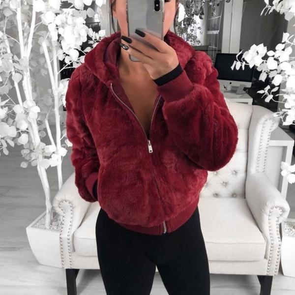 Solid Color Long-sleeved Hooded Coat Fluffy Faux Fur Cardigan Winter Zipper Jacket