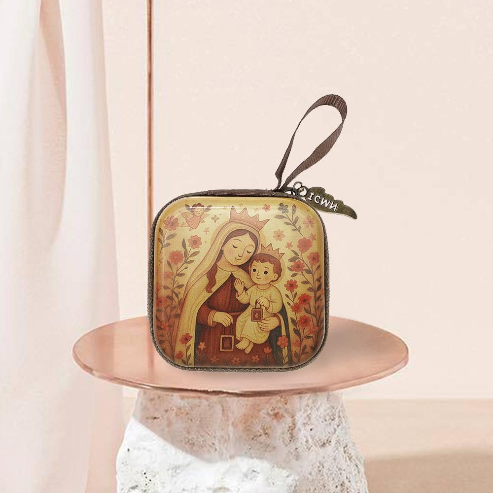 Vintage Christian Square Rosary Box with Zipper Religious Artwork,Lightweight Metal Organizer for Prayer Bead,Inspirational Gift
