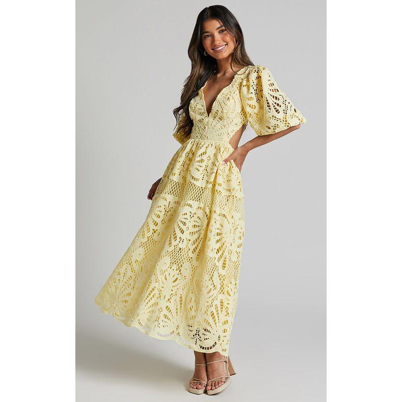 

Cross-Border Lace Cut Out Deep V Neck Bubble Half Sleeve Open Back Annual Meeting Red Carpet Banquet Dress Length Dress Dress Yellow S