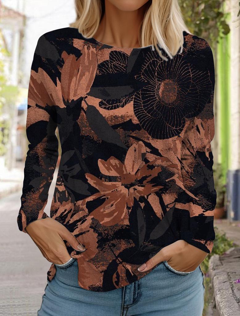 2024 Women's Hawaiian Style Retro Fashion Tops Long Sleeve Round Neck Pullover Casual Long Sleeve T-shirt Designer New