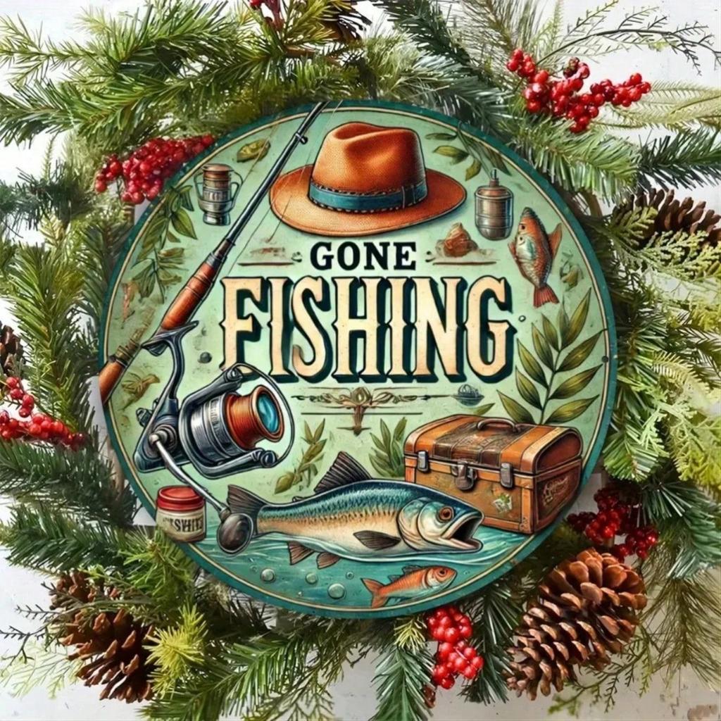 Metal Fishing Sign Rustic Round Wall Decor Waterproof Indoor Outdoor Home Office Bar