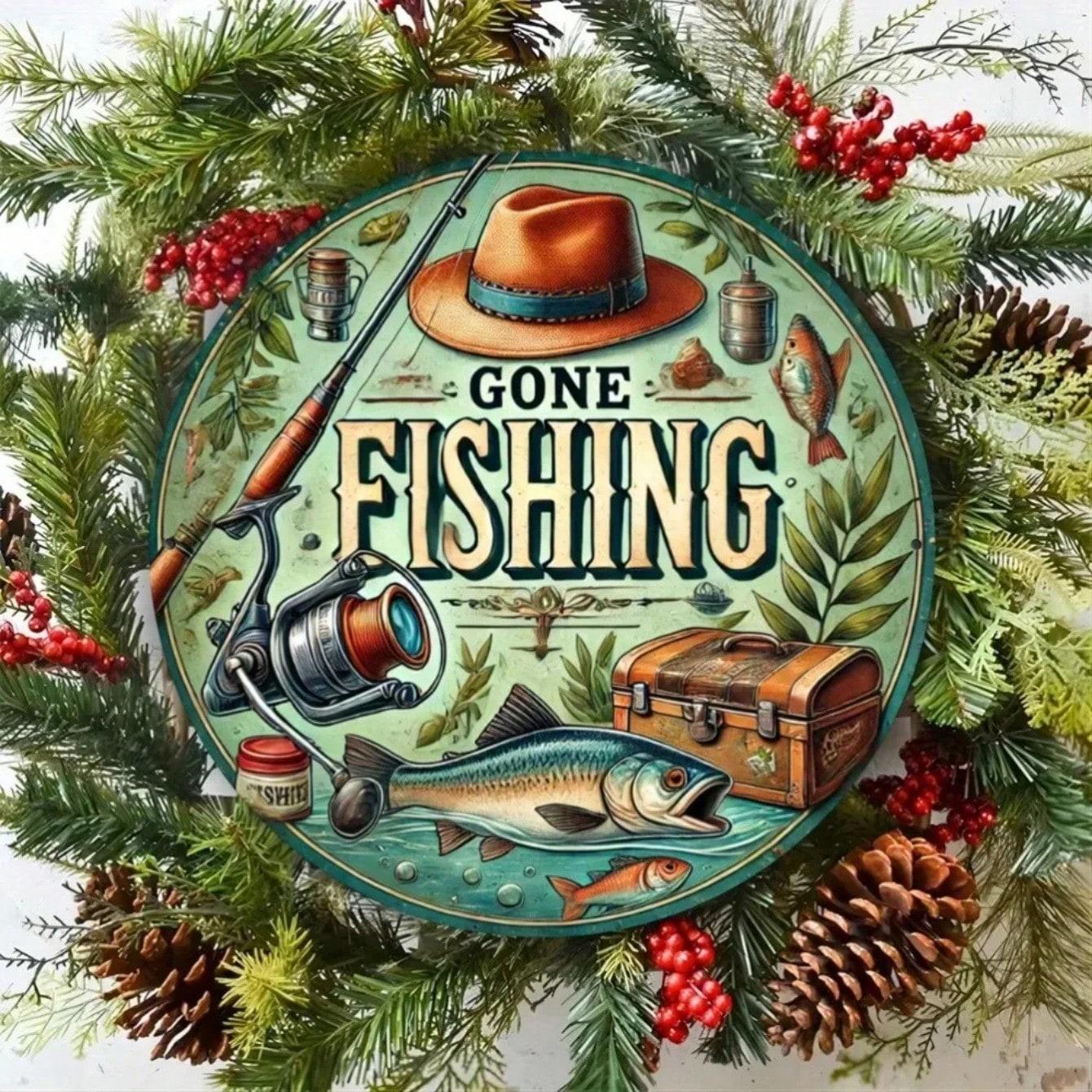 

Metal Fishing Sign Rustic Round Wall Decor Waterproof Indoor Outdoor Home Office Bar 20x20