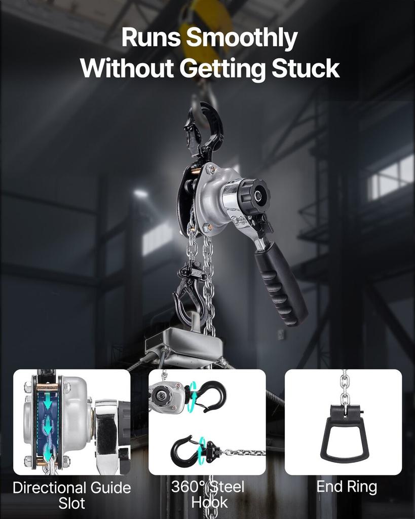Manual Lever Chain Hoist, 1/2T 500KG Capacity Heavy Duty Come Along, 1.5M Lift G80 Alloy Steel Chain With Dual Pawl Mechanical Brake, 360° Rotating
