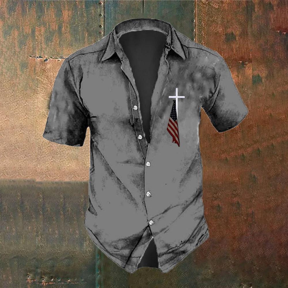 Sommermode Herren Casual Kurzarmhemd mit Kreuz- und Nationalflaggen-Aufdruck für Street Fashion und Herren Oversized Top 5XL