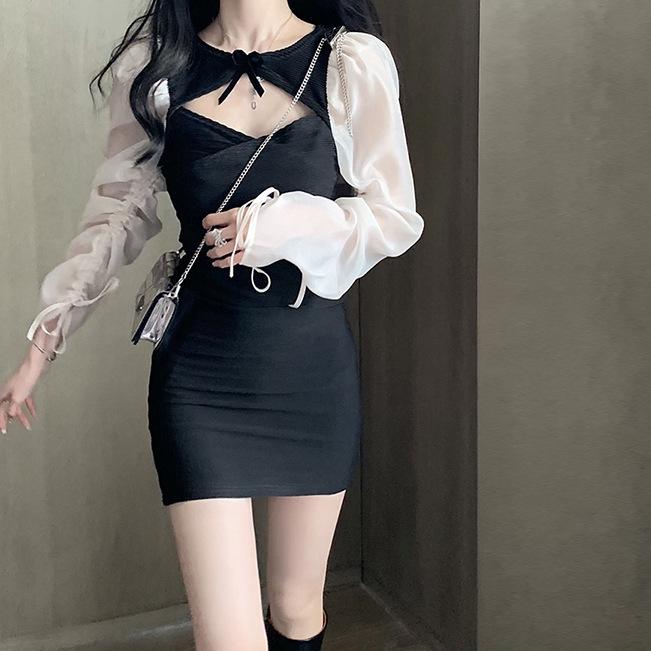 Women's Spicy Lace-up Puff Sleeve Patchwork Dress - Spring/Autumn Slim Fit Short Skirt