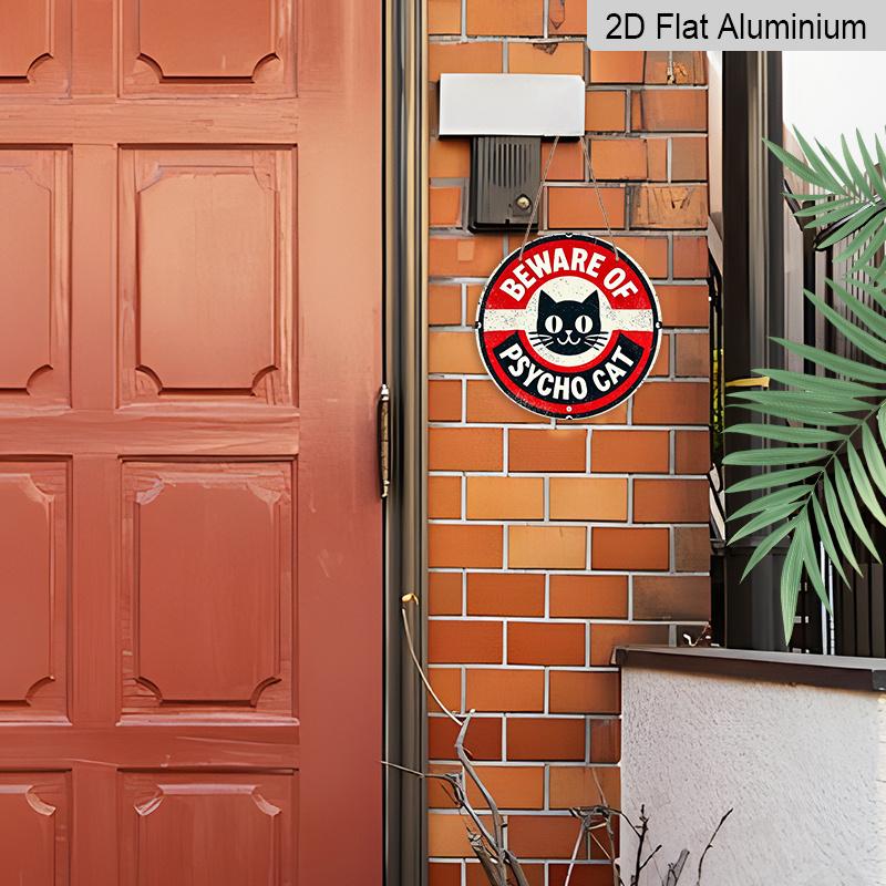 2D Flat 1pc, 8x8 In, Room Decor 1pc Vintage "Beware of Psycho Cat" Metal Sign, Aluminum Round Printed Wall Art, Home & Club Decor, Interior