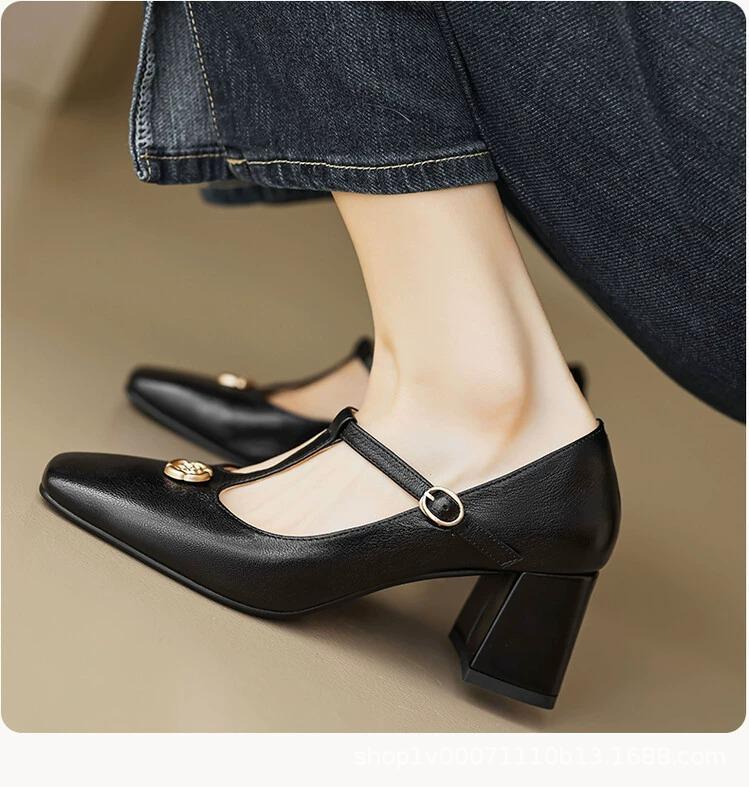 2026 Spring New Flower Mary Jane Small Leather Shoes Women's Shallow Mouth Shoes Retro British Style High Heels