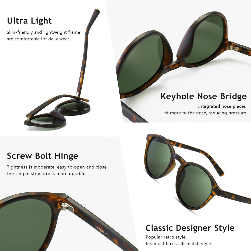 SUNGAIT Sunglasses Classic Vintage Round Polarized Retro Style UV400 Amber Frame Green Lens SGT166HUPOKMOLV Women's