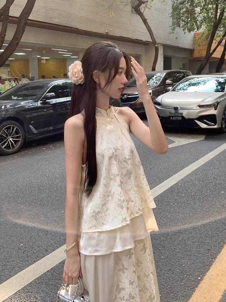 Women's Summer Zen-Inspired Cheongsam Halter Top and Skirt Set